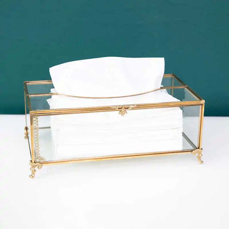 Vintage Brass Glass Tissue Box Living Room paper Storage Holder Tea Table Desktop Paper Box Hotel Restaurant Tissue Organizer