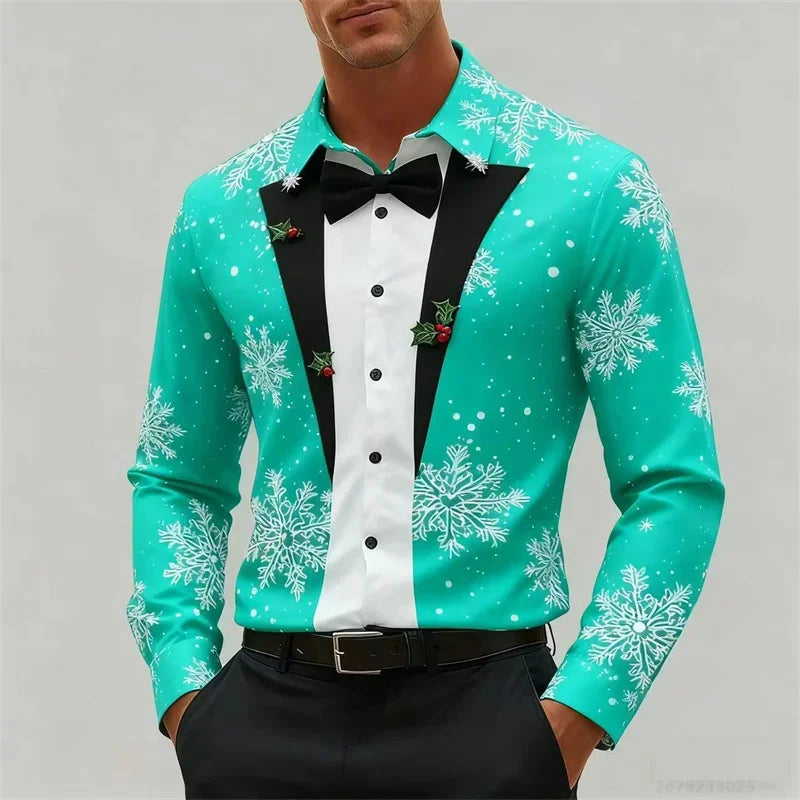 Men's Christmas long-sleeved shirt, 3D high-definition printed Christmas tree pattern, lapel button men's shirt, party wear