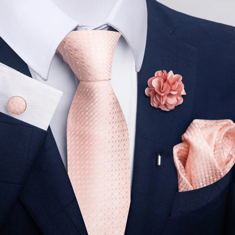 Hot Sale Luxury 8 Cm Blue Floral Ties Pocket Square Cufflinks Brooch Set For Man Suit Accessories Holiday Gift Fit Formal Party
