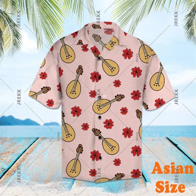 DJ Music Party Neon Print Hawaii Shirt Men's Clothing Cool Guitar Streetwear Shirts Bar Personality Trend Button Blouse 2025