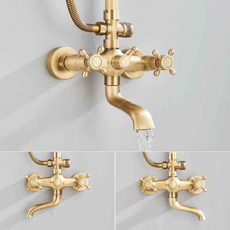 Antique Brass Shower Faucet Set Rainfall Head Shower with Handshower Wall Mount Dual Handle Mixer Bathroom Shower System