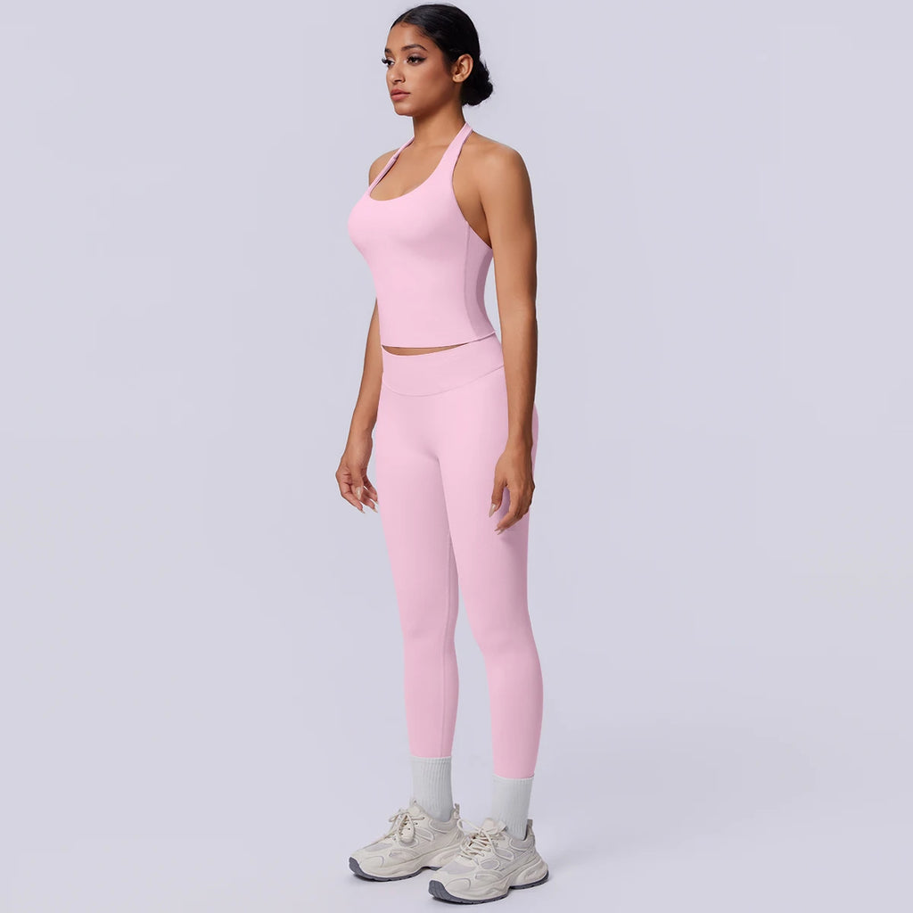2PCS Woman Yoga Set Solid Color Sexy Fitness Top Summer Gym Workout High Stretch Female Pants Sports Fitness Clothing Yoga Set