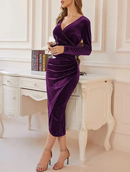 Sexy Woman Solid Color Long Sleeved Party Club Vestidos Autumn Fashion Women's V-neck Bag Hip Irregular Medium Long Dresses