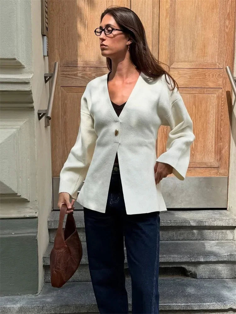 White Knitwear Sweater Cardigan Female Elegant V-Neck Commute Solid Long Sleeve Slim Outwear Women's Knit Cardigan Coat