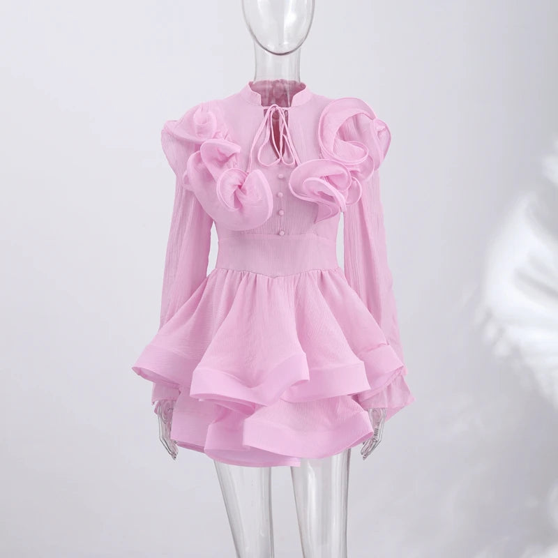 Elegant Floral Print Chiffon Dress Women's Backless Long Sleeve Ruffle Waist Cutout Tiered Dresses 2026 New Lady Party Wear