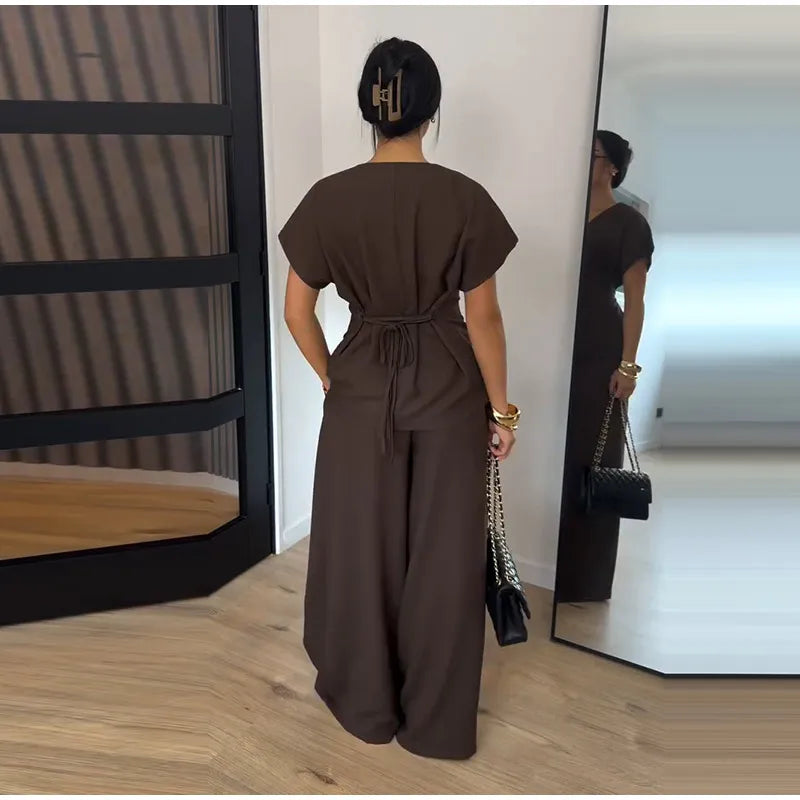 Elegant Button Top Pants Set Women Slim V-neck Short Sleeve One Button Tops High Waist Wide Leg Pant Two Piece Sets 2026 Summer