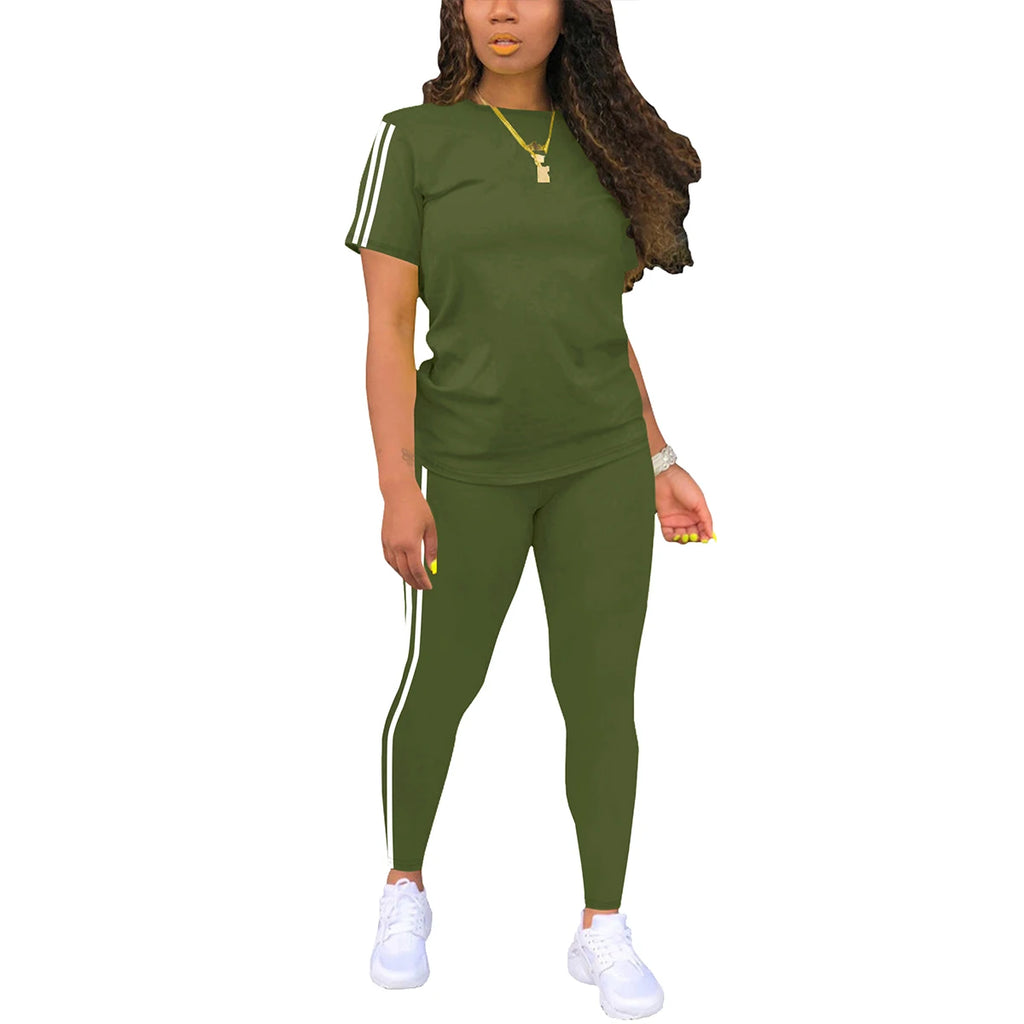 Women's Side-Striped Summer Sportswear Set Short Sleeve Long Pants Breathable Base Layer Clothing Colorful Casual Outfit