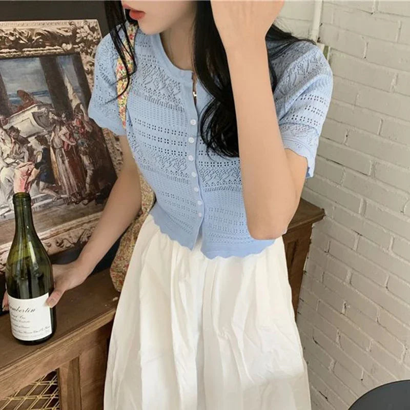Chic Hollow Out Knitted T-Shirt Women 2026 Summer Button Up Short Sleeve Crop Tee Woman All Match Round Neck T Shirt Female