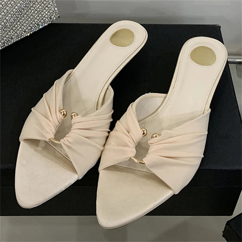 Eilyken New Design Pleated Hollow Out Thin Low Heels Women Slippers Fashion Pointed Toe Party Dress Female Summer Shoes