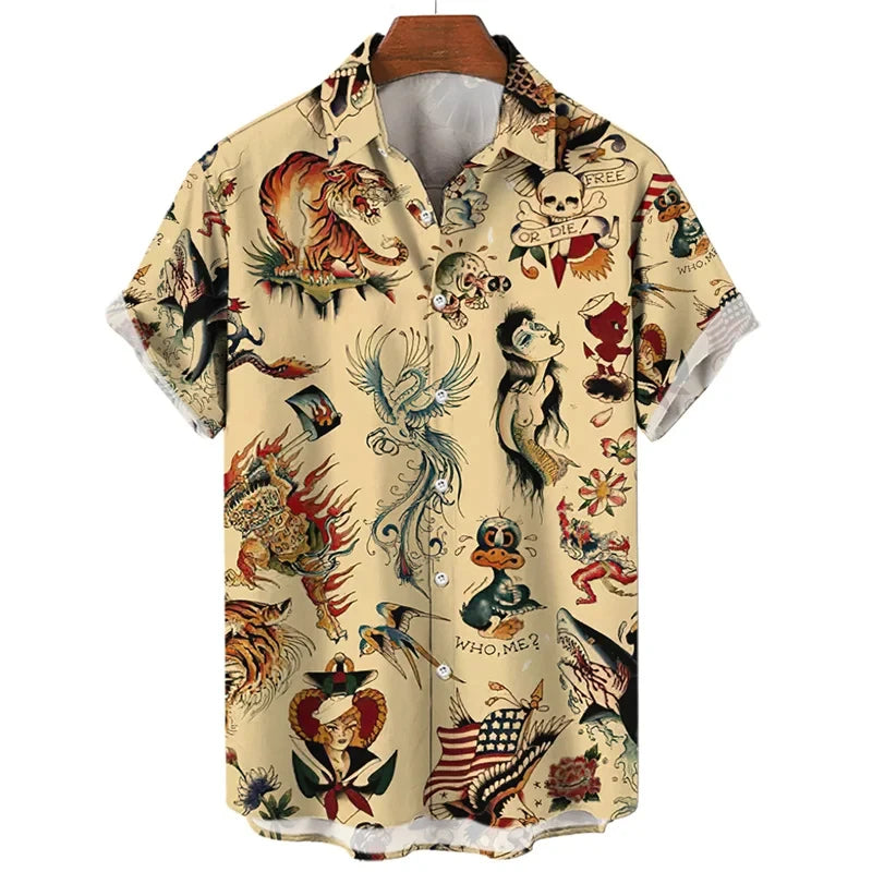 3D retro digital printed men's lapel short sleeved shirt