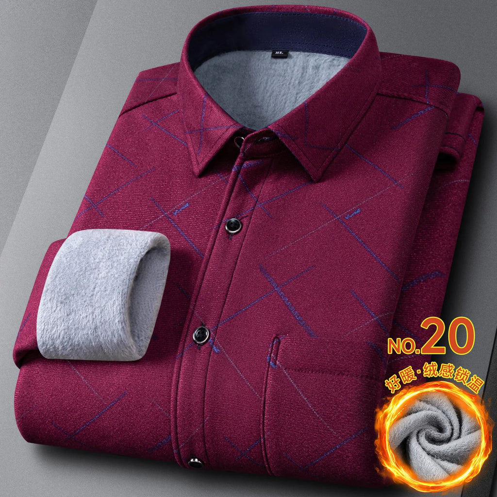 New In Tops Men's Thicken Flannel Fur Lined Shirts Autumn Winter Plus Sized Warm Long Sleeved Plaid Business Casual Slim Clothes