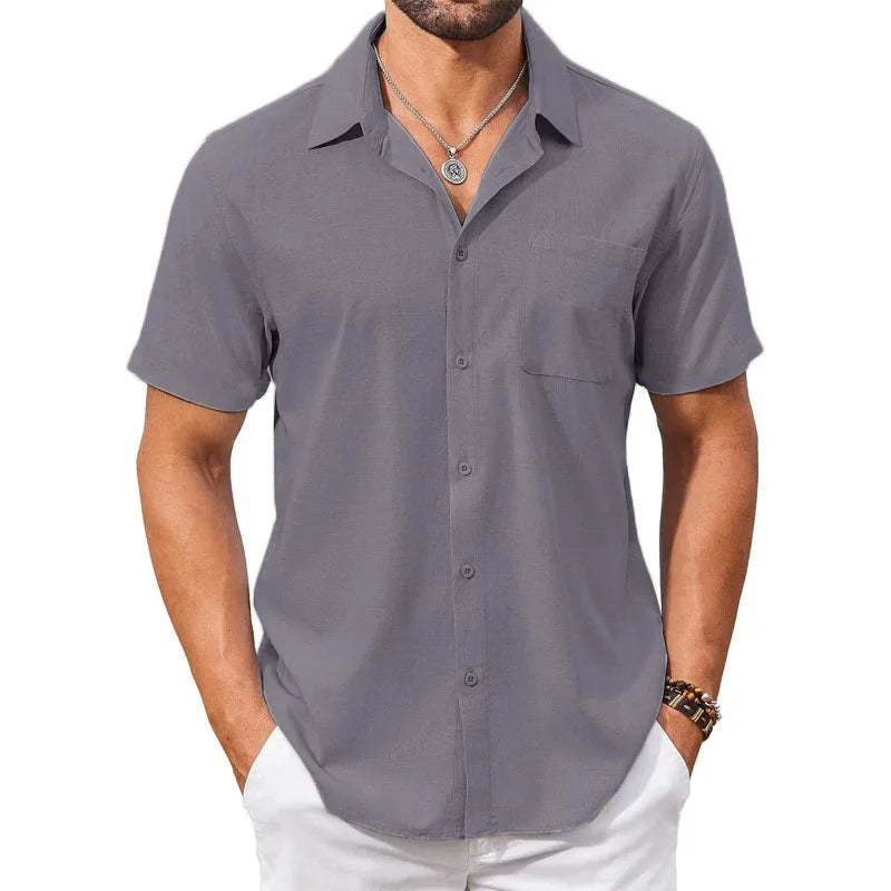 Cotton Linen Breathable Shirt for Men Solid Color Turn Down Collar Male Stylish Summer Short Sleeve Shirts Fashion Clothing