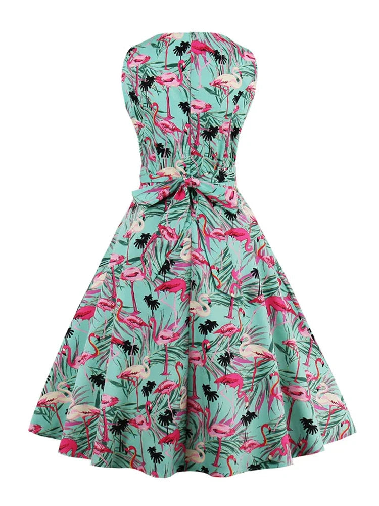 Flamingo Print High Waist Pinup Retro Dress S to 4XL 95% Cotton Women O-Neck Sleeveless Summer 50s Vintage Dresses women dress