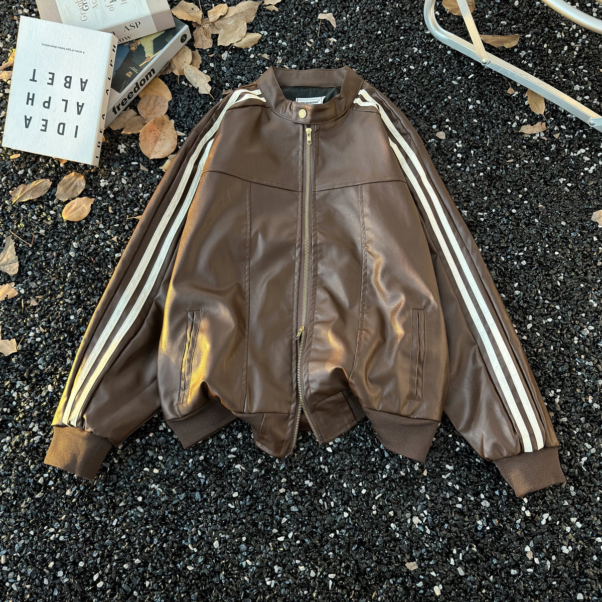 Men's Brown Leather Jacket American Retro Patchwork Striped Outerwear Youthful Style Summer Biker Coat Long Sleeve Zipper Clo...