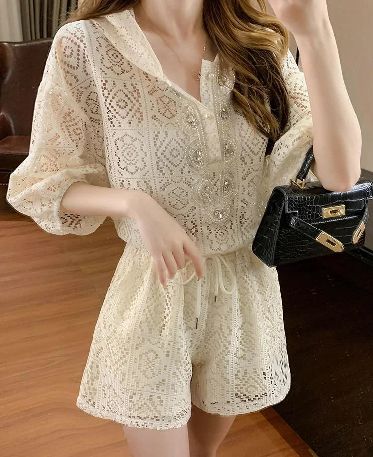 Short Sets for Women 2 Pieces Office Apricot Lace Woman Shorts Full Novelty in New Products Stylish Vacation Outfits 2025 Light