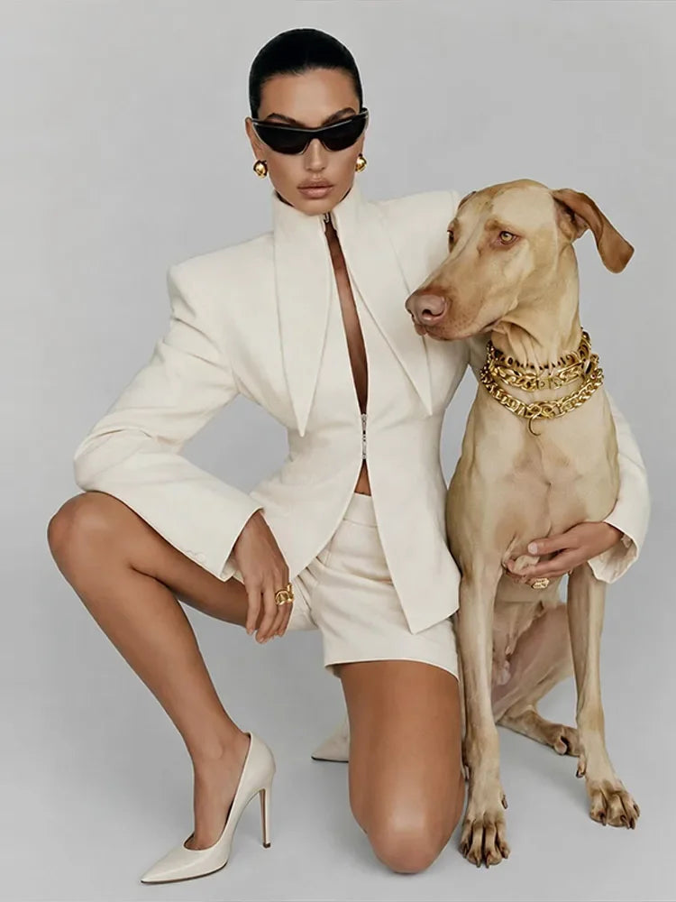 Women's Suit Shorts 2 Piece Set Long Sleeve Stand Collar Solid Coat Short Pants 2026 Summer Autumn Chic Female  Elegant Outfits