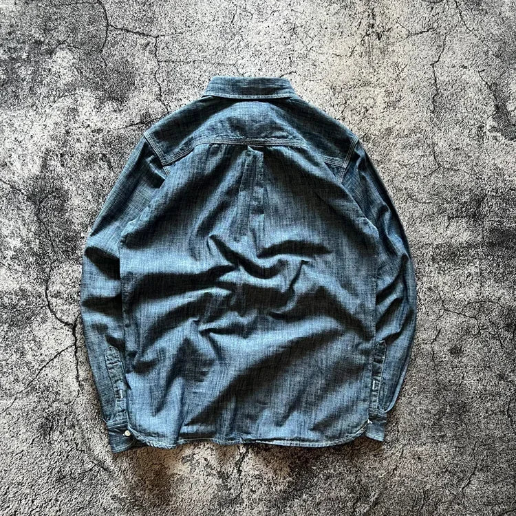 Japan Retro Bamboo Yarn Denim Casual Shirt Cool Hong Kong Style Long Sleeve Loose Spring Autumn 100% Cotton Washed Workwear Tops