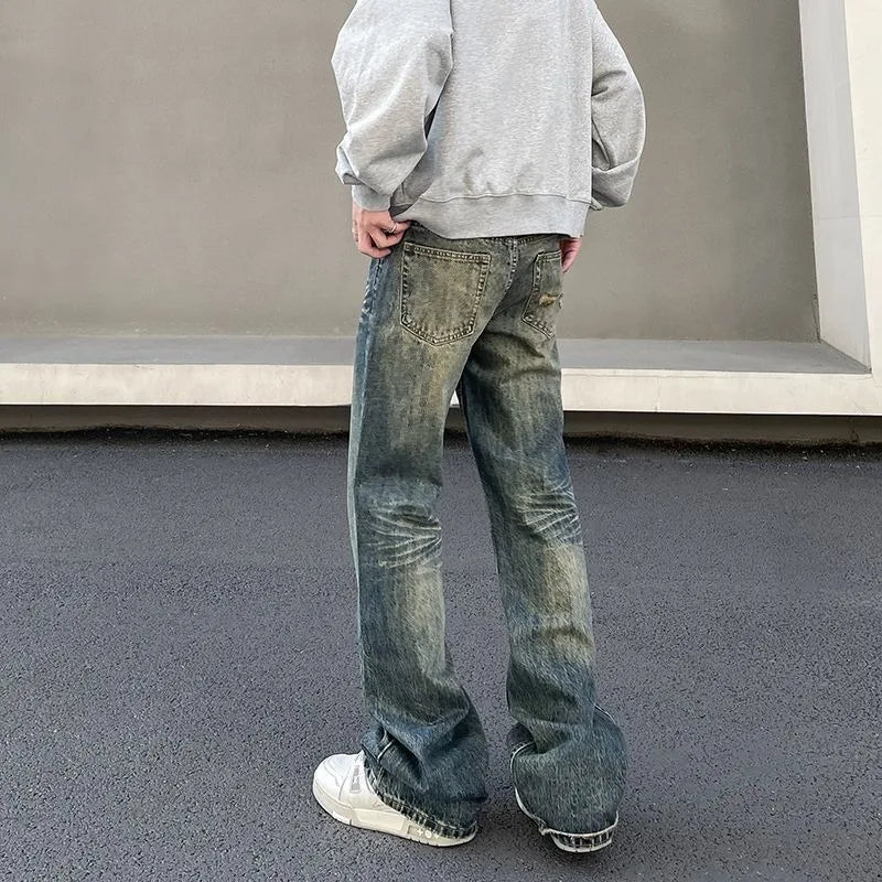 Mens Vintage Washed Distressed Loose Flare Denim Jeans