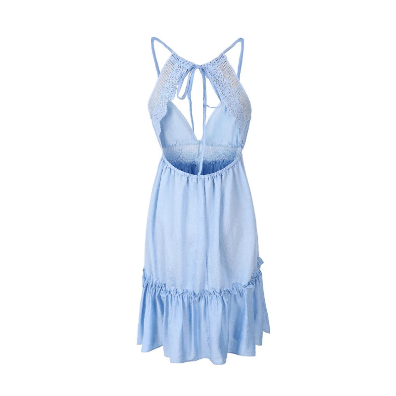 New Women Party Lace Flower Backless Mini Dress Summer Sexy Sling Spaghetti straps Deep V Neck Wedding Club Vestidos