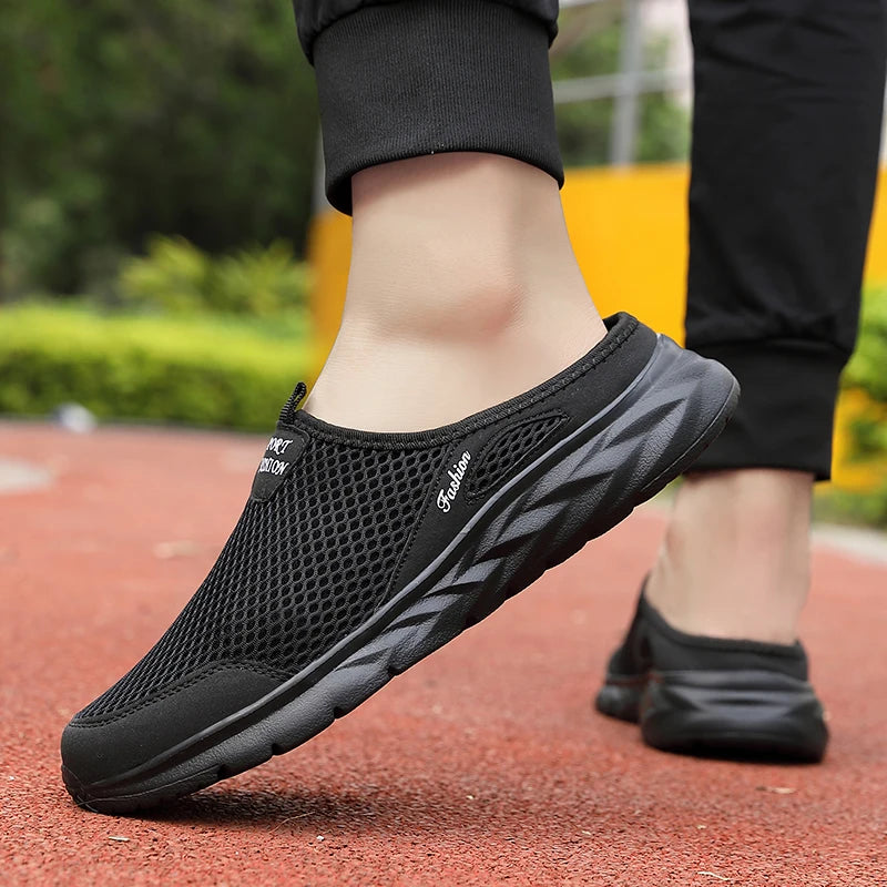 YRZL Mens Half Slippers Summer Breathable Mesh Mens Shoes Outdoor Casual Walking Shoes Large Flat Light Mesh Slippers Sandals