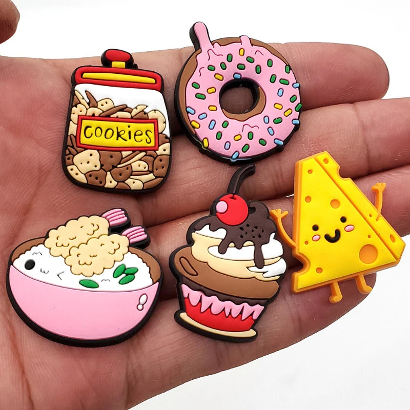 Cute Kawaii Food Shoes Charms Set Cartoon Burger Pizza Boba Shoe Accessories, PVC Clog Decorations for Sandals, Party Gifts