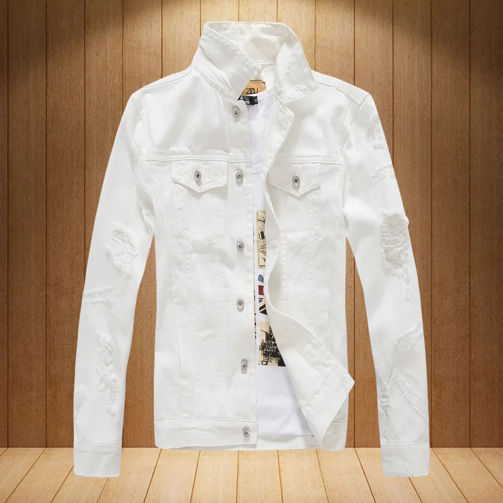 Men White Denim Jackets Holes Jeans Coats New Spring Autumn Solid Denim Coats Male Cotton Casual Fit Jeans Jackets Size 4XL