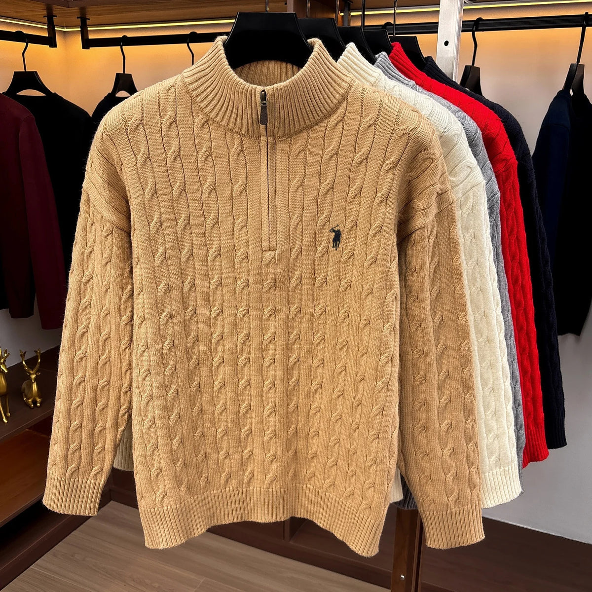 Fashion Half Zipper Sweater Men's Winter Warmth New exquisite jacquard design luxury brand golf pony embroidery knitted pullover