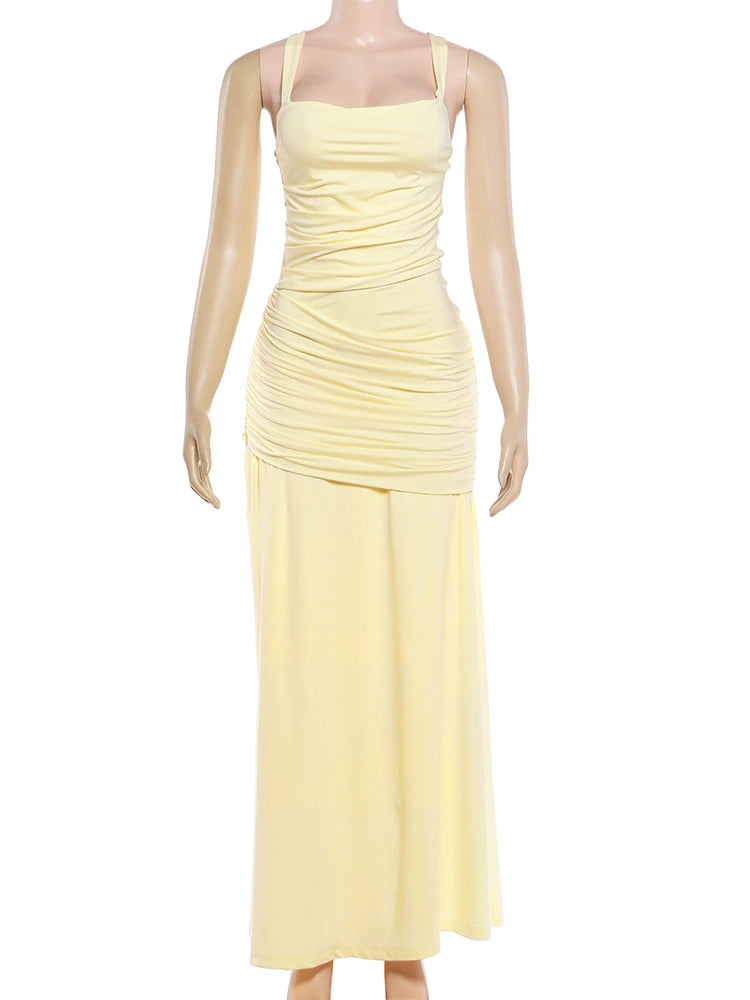 Sisterlinda Chic Elegant Backless Dress Women Folds Square Collar Low-Neck Sleeveless Birthday Party Solid Chic Banquet Vestidos