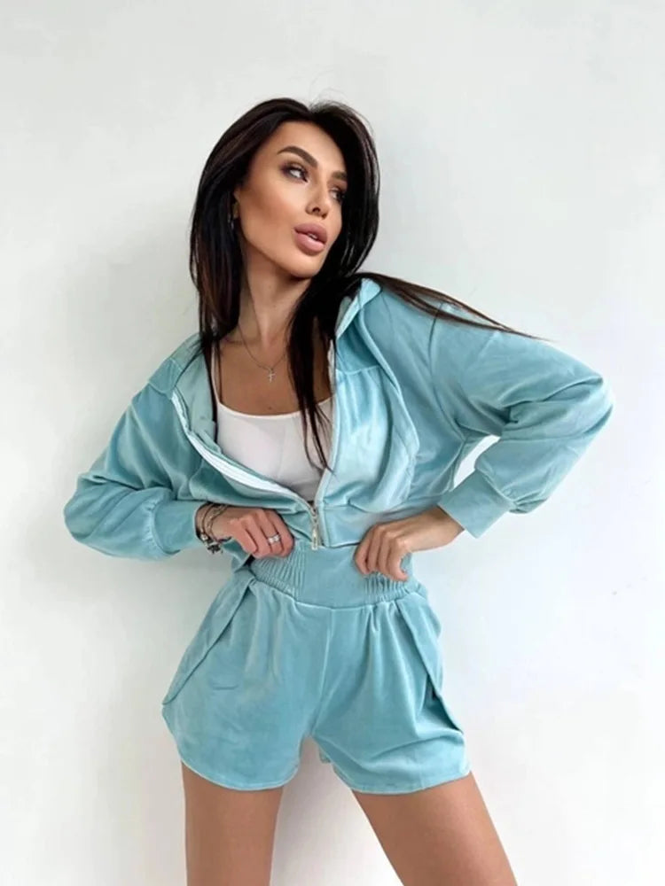 2025 Casual Women's Wear, Zipper Cardigan Long Sleeve Drawstring and Shorts Set, Hoodie Fashion Split Shorts Two-Piece Set
