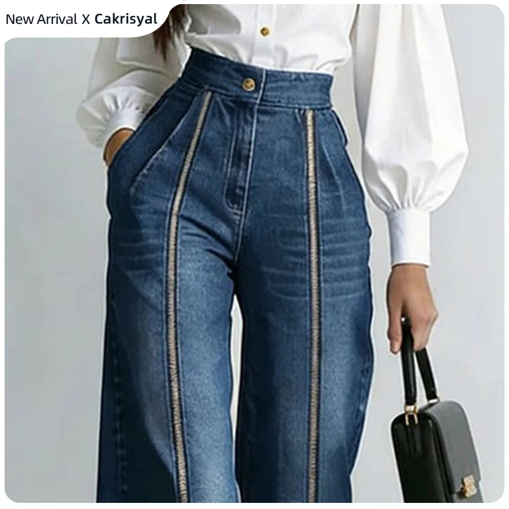 Women's Stylish Double Gold Zipper Denim Jeans Casual High Waist Vintage Straight Tube Wide Leg Flared Streetwear Denim Trousers