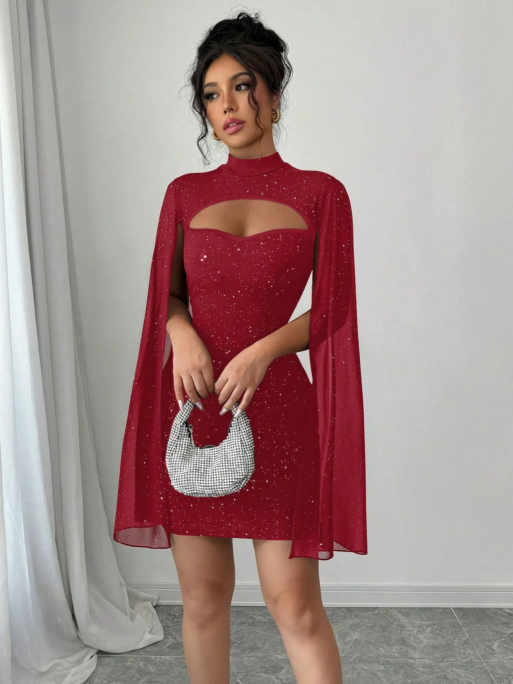 Sexy Women's Stand Collar Cape Mini Dress Sequins Sparkling Club Party Night Out Fitted Bodycon Elegant Autumn Winter