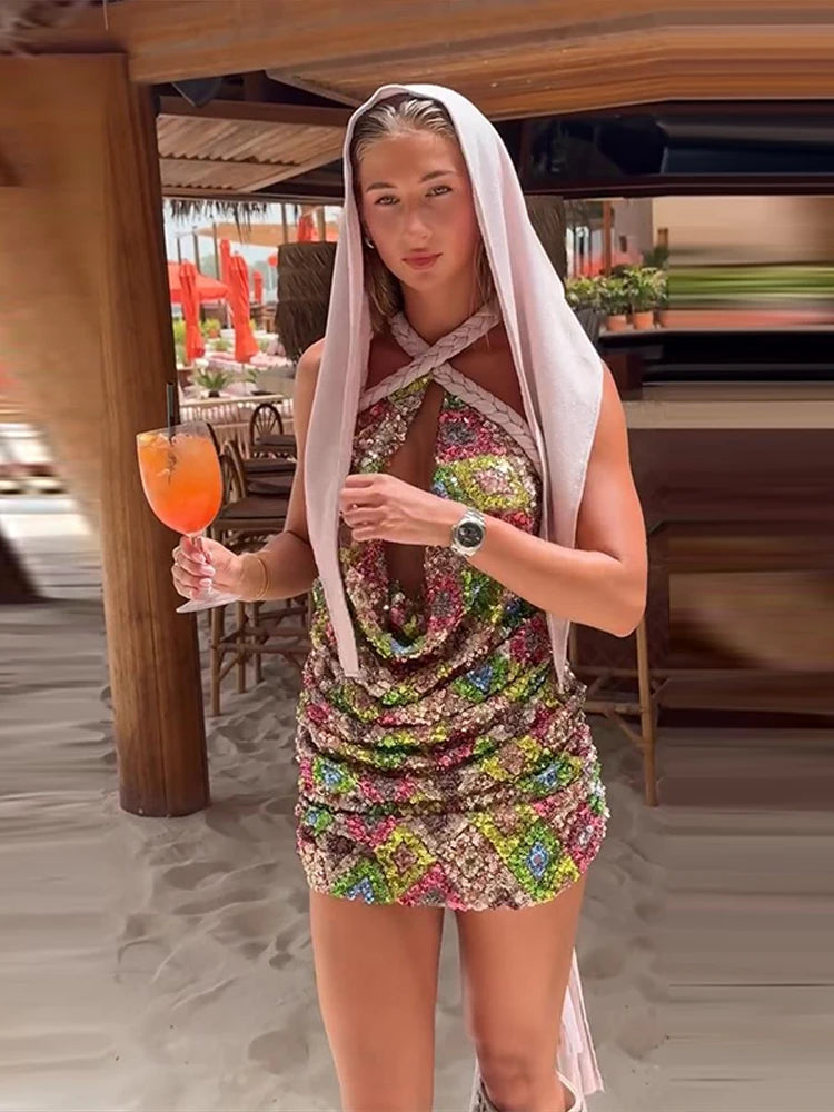 Glitter Halter Tie Women Short Dress Bright Tone Bare Back Slim Fit Tie Strap Halter Dress Slim Line Festive Party Gather