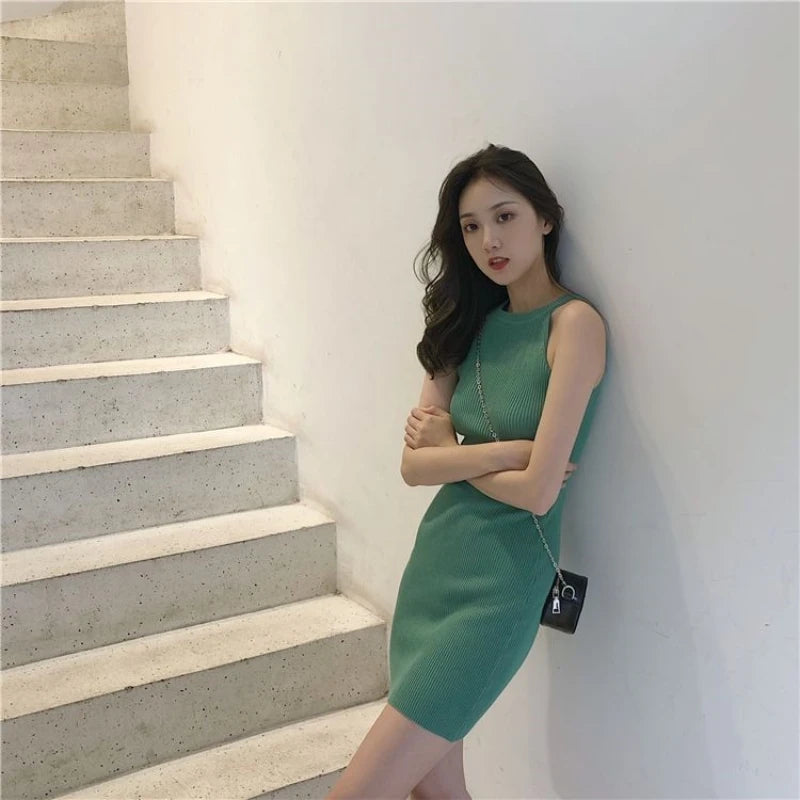 Summer New Style Hong Kong Flavor Slimming Sexy Girl Neck Hanging Bodycon Dress Shoulder Exposure Knitted Strap Dress Women