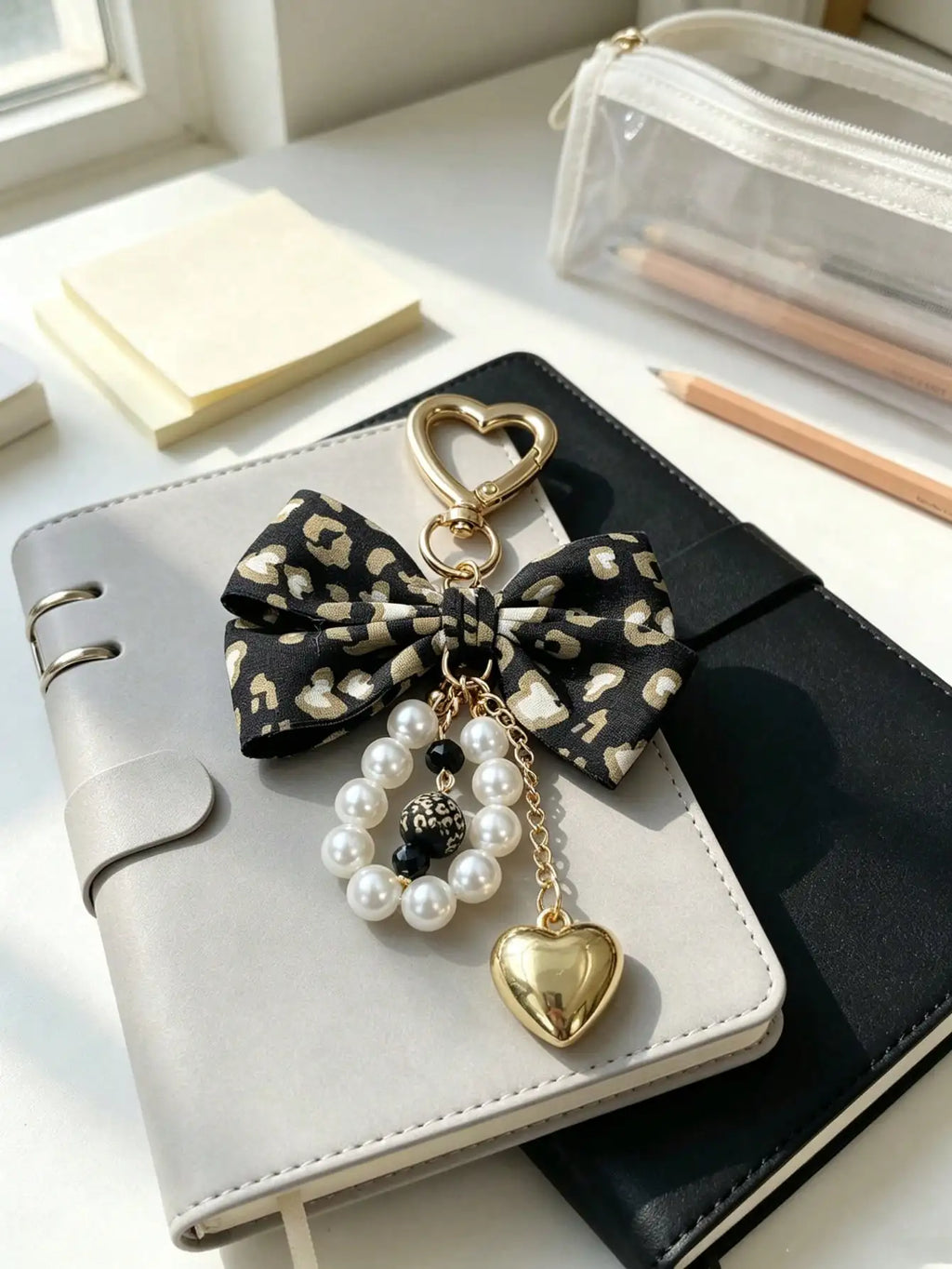 Leopard Print Bow Keychain Heart Pendant Women's Bag Simple Charm Pearl Keychain Beaded Charm Gift For Women
