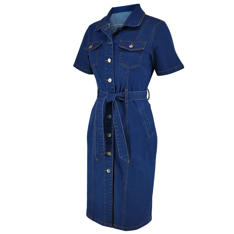 Denim Lapel Short Sleeve Dress Women Waist Slim Casual Dress