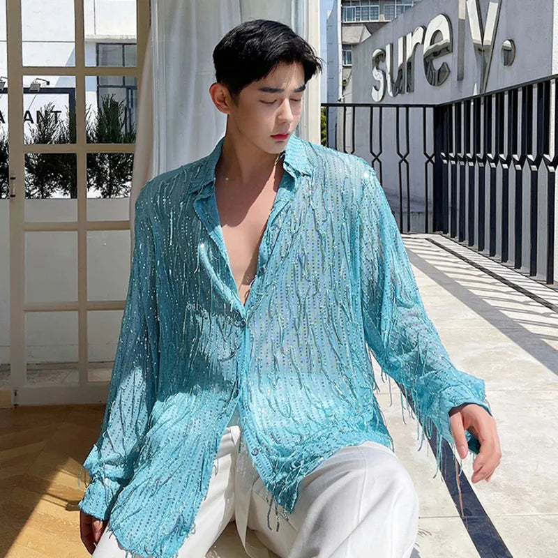 IEFB Spring Summer Men's Shirt Long Sleeve New Irregular Sequin Tassel Shirts Niche Streetwear Korean Style Male Top Tide 9Y7232