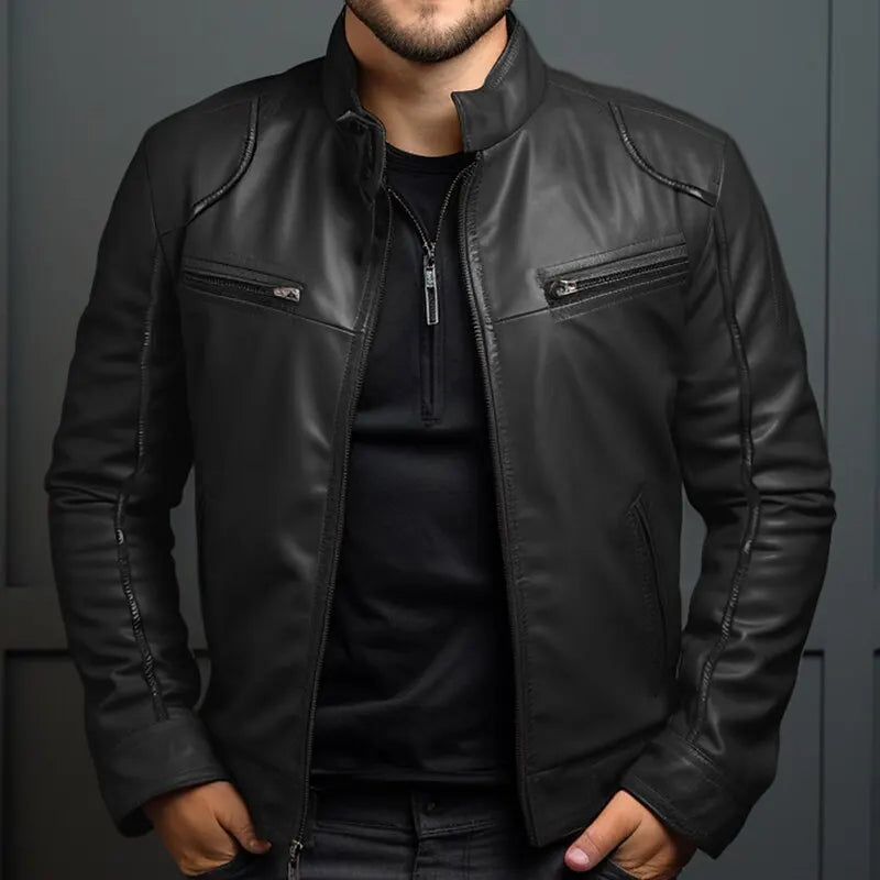 Asian Size Men's Motorcycle Leather Jacket Stand Collar Punk Biker Jacket Men's Casual Slim Fit PU Leather Coat Riding Jacket