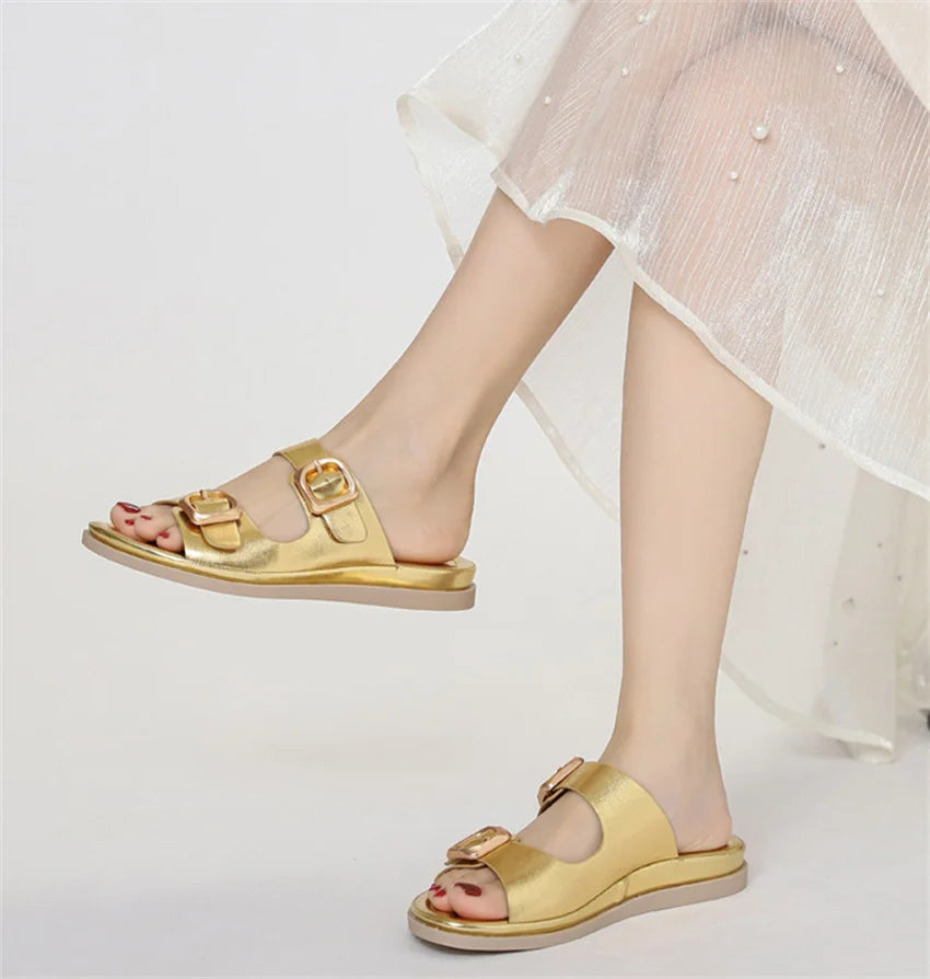 Casual Slippers Women PU Leather Open Toe Double Buckle Flat Summer Outdoors Non-Slip Soft Soles Slip On Beach Footwear Slippers