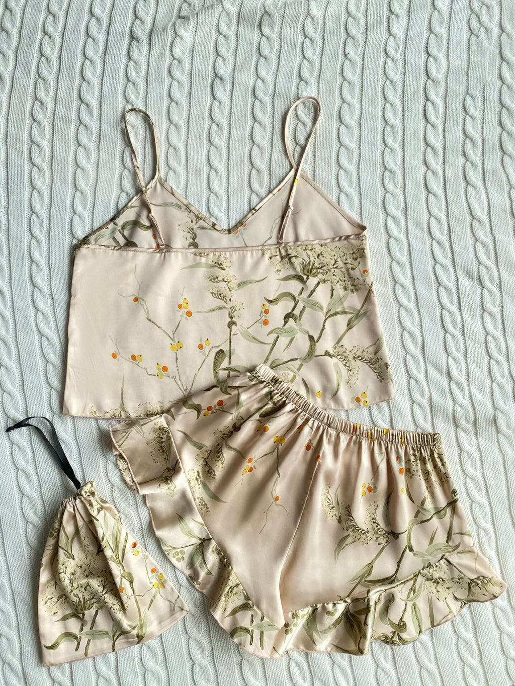 Summer Elegant  Print Cami Tops Ruffle Hem Shorts Pajama Set  Women's Sleepwear V Neck Strap Loungewear