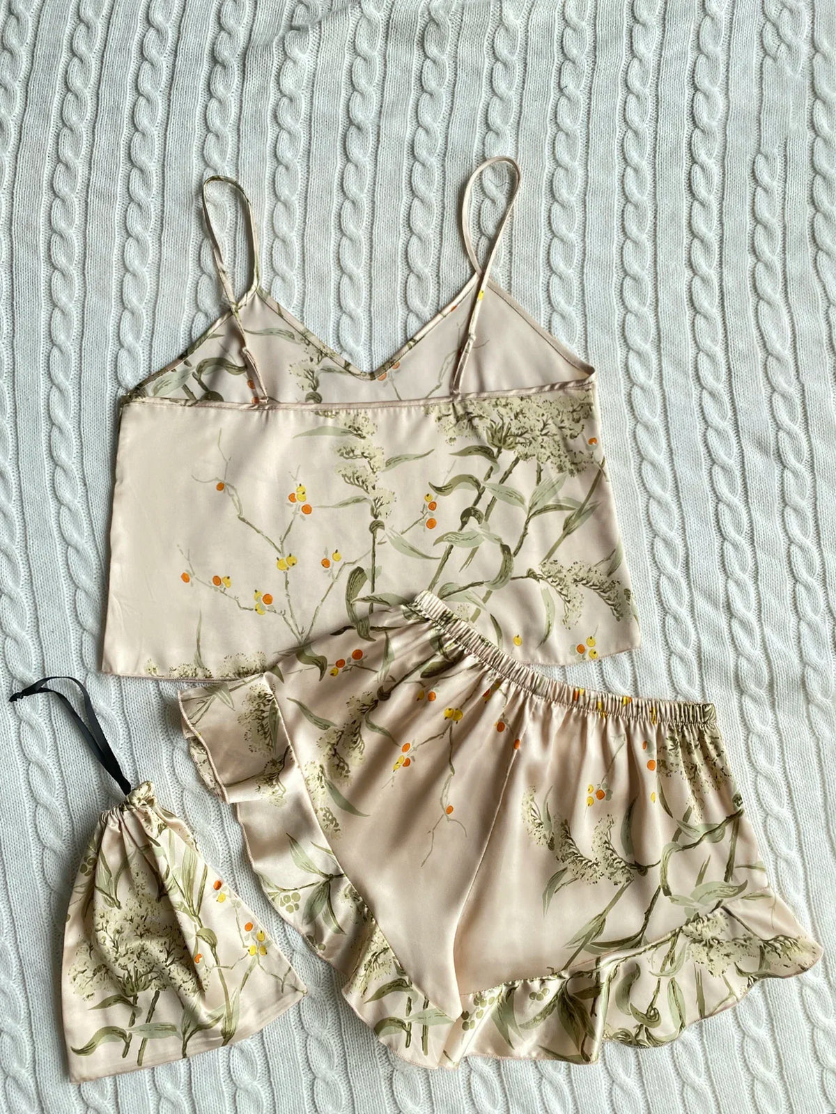 Summer Elegant  Print Cami Tops Ruffle Hem Shorts Pajama Set  Women's Sleepwear V Neck Strap Loungewear
