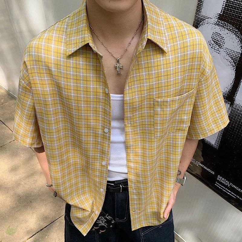 2025 Summer Stylish Short Sleeve Shirt Men's Streetwear Vintage Button-up Turn-down Collar Shirts Trendy Men Plaid Printed Shirt