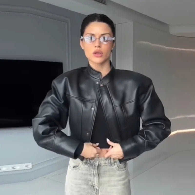 Stylish Cool Girl Faux Short Leather Jacket Elegant Luxury Vintage Smooth Button Coat Women's 2026 Motorcycle High Street Tops