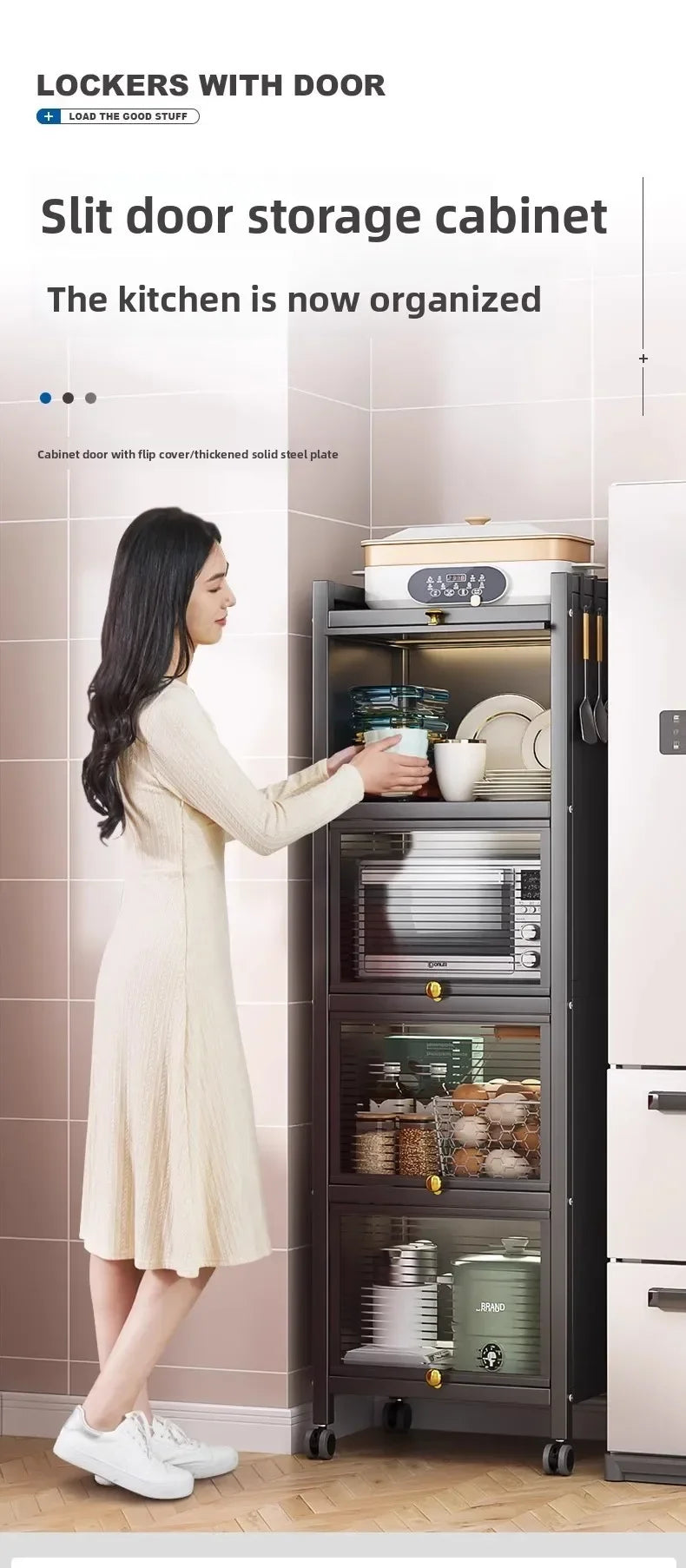 Multi-functional Kitchen Shelf Floor-to-ceiling Shelf Locker Microwave Pot Oven Cabinet Storage Rack with Cabinet Door