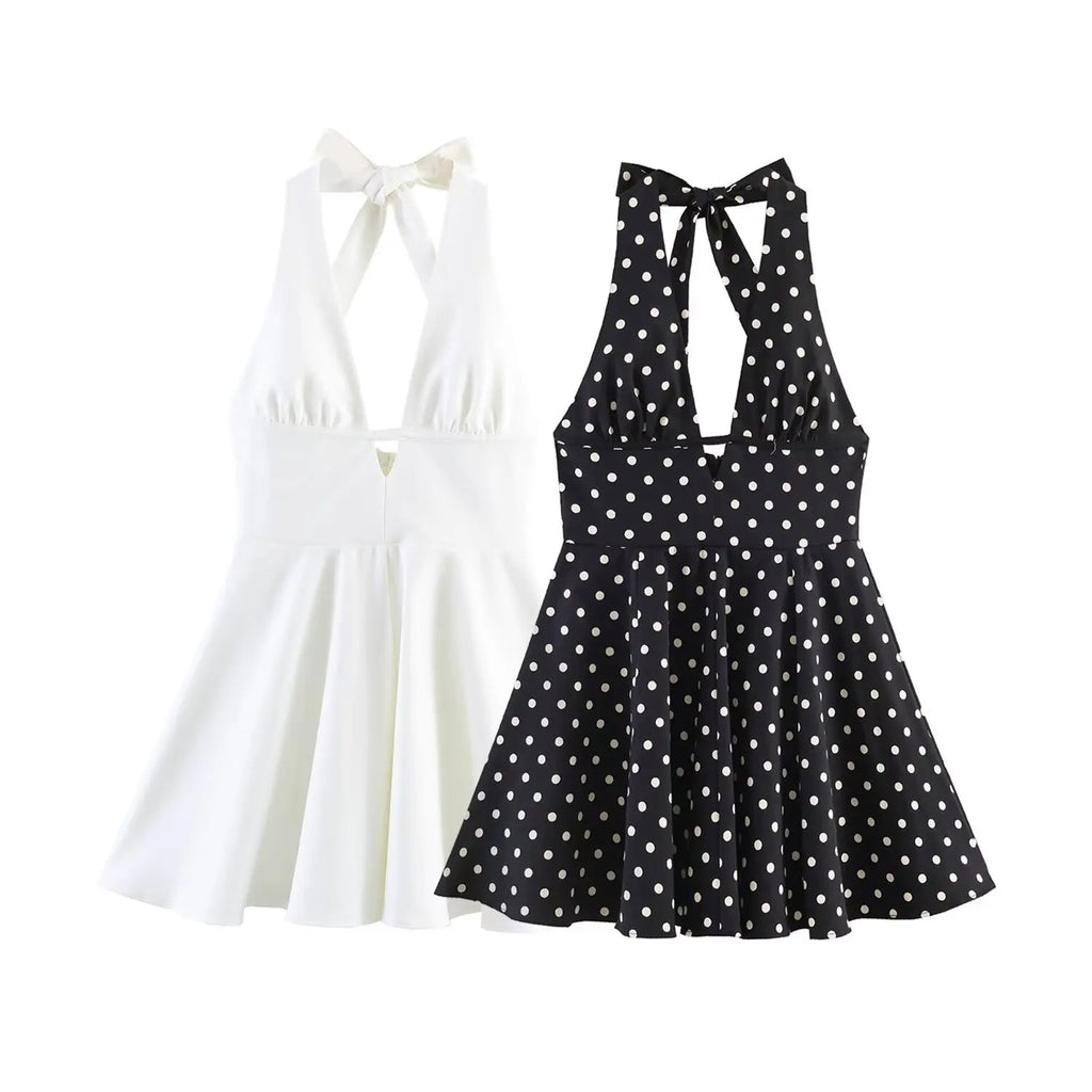 BSAY New Retro Polka Dot Halter Neck Mini Dresses Sexy Backless Tie Neck A-Line Short Dress Summer Beach Party Outfit