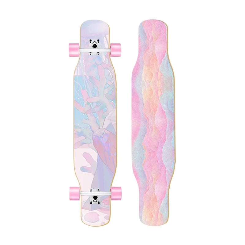 44 Inch Double Kick Dance Longboard 7-Layer Maple Wood Double Sided Graphic Complete Skate Deck All Ages Amateur Professional Ri
