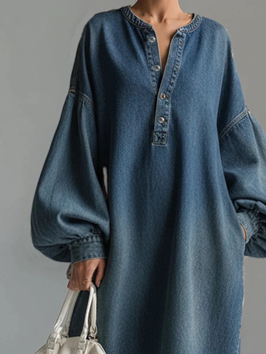 Chic Casual Vintage Denim Dress Loose Long Sleeve Big Pockets Single-breasted V Neck Robes Lantern Sleeve Maxi Dress Vestidos