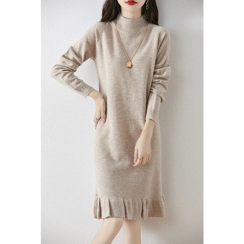 Women's Pure Wool Knitted Dress, High Collar, Pleated, Casual, Fashionable, Warm, 2024 Autumn And Winter