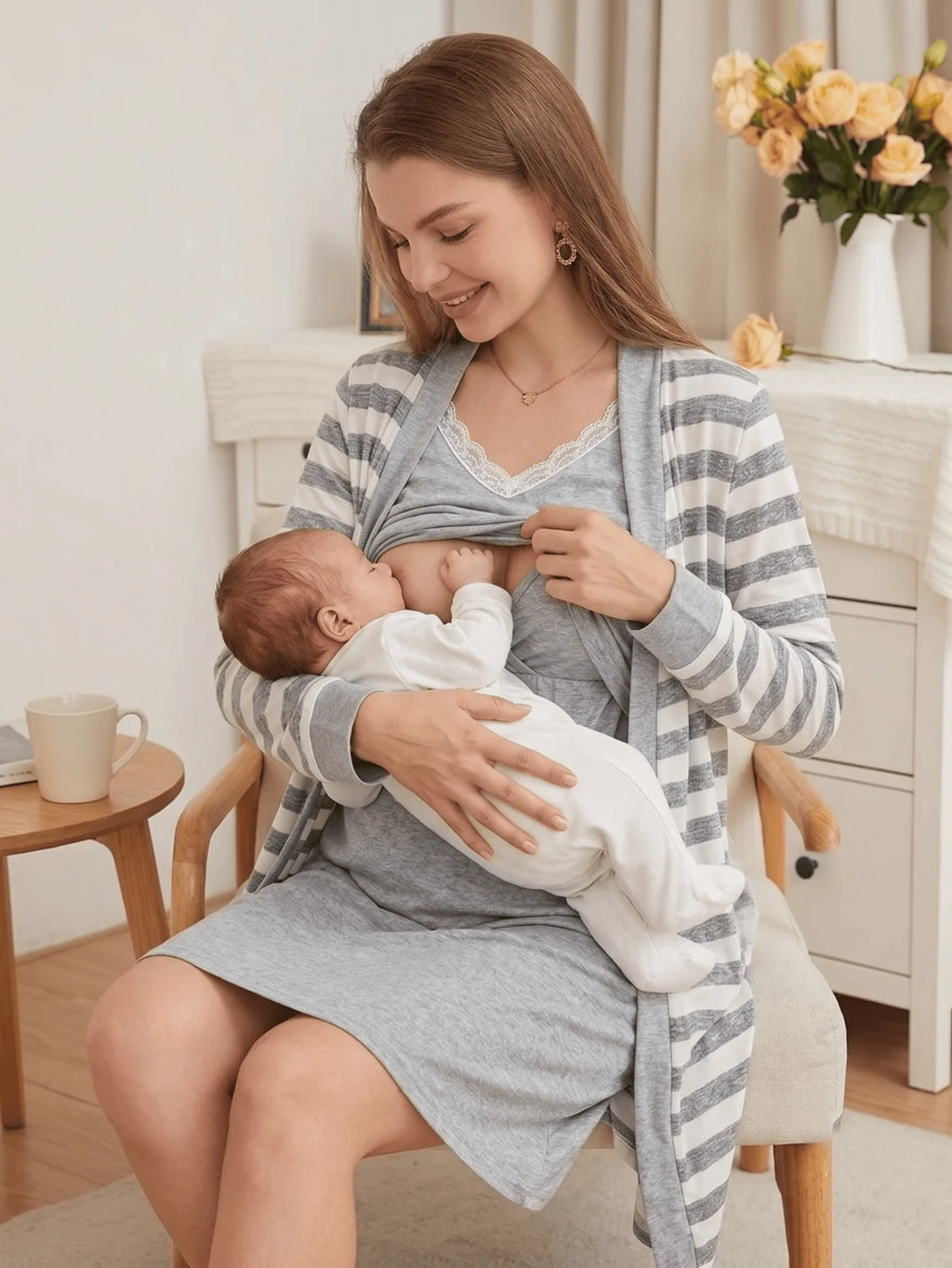 2-piece set, pregnant women, nursing long-sleeved pajamas set, autumn and winter loungewear, nursing nightgown, maternity clothes.