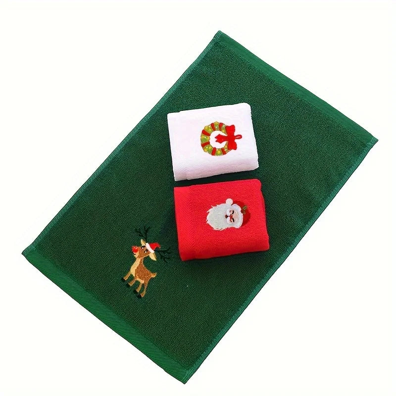 A Set of 3 Randomly Colored Christmas-Themed Embroidered Soft, Skin-Friendly Pure Cotton Towels, Suitable for Daily Use in the Kitchen and Bathroom as Face Towels
