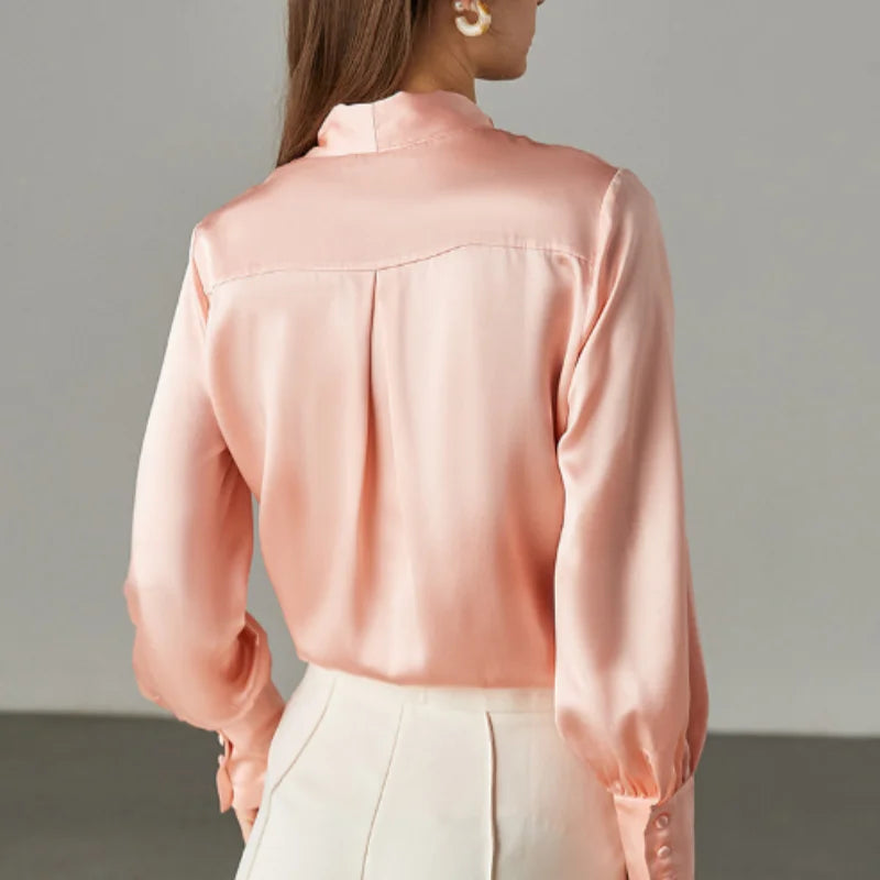 Birdtree,19MM 100%  Silk Blouse,Women Plain Satin Bow Tops,Single Breasted,French Syle Solid Shirt,2025 New T5D904JF